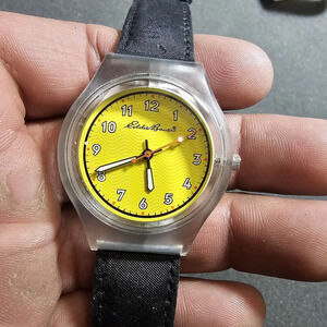 Eddie Bauer Sports Band Quartz Watch #3769 Working Clear Case Yellow Dial shows